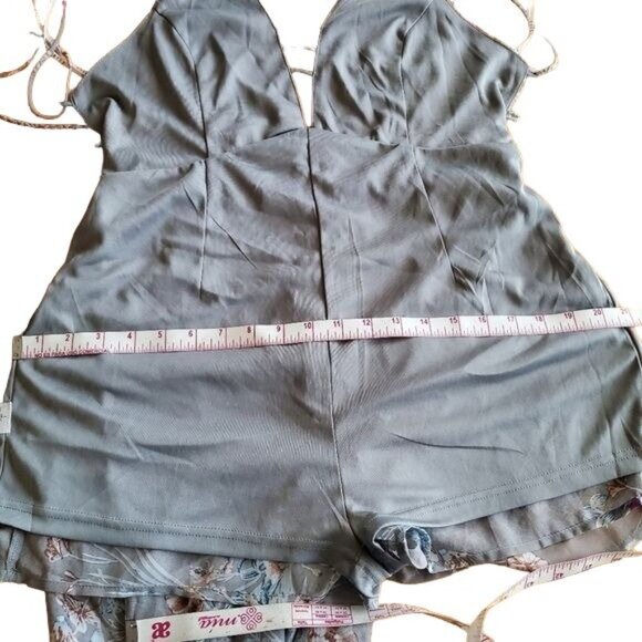 essue Floral Print Gray Maxi Romper Dress With Sheer Overlay Halter Neck Size L - Picture 10 of 16